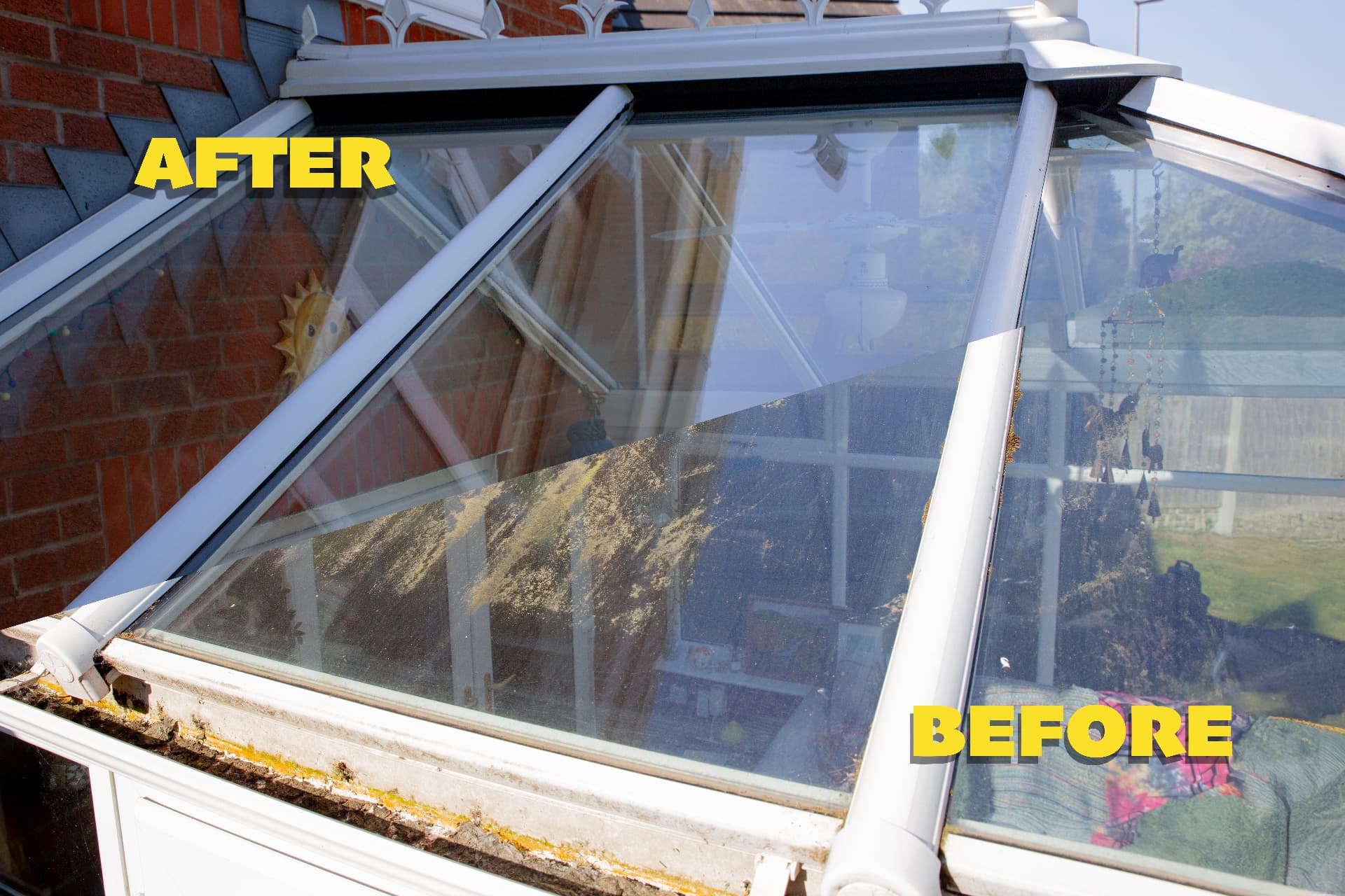 Conservatory roof glass part way through a clean, showing the dirty and cleaned halves side by side